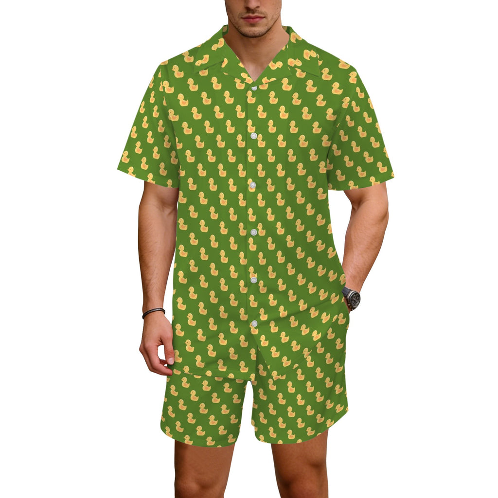 Rubber Ducks On Green Men's Hawaiian Shirt & Shorts Set