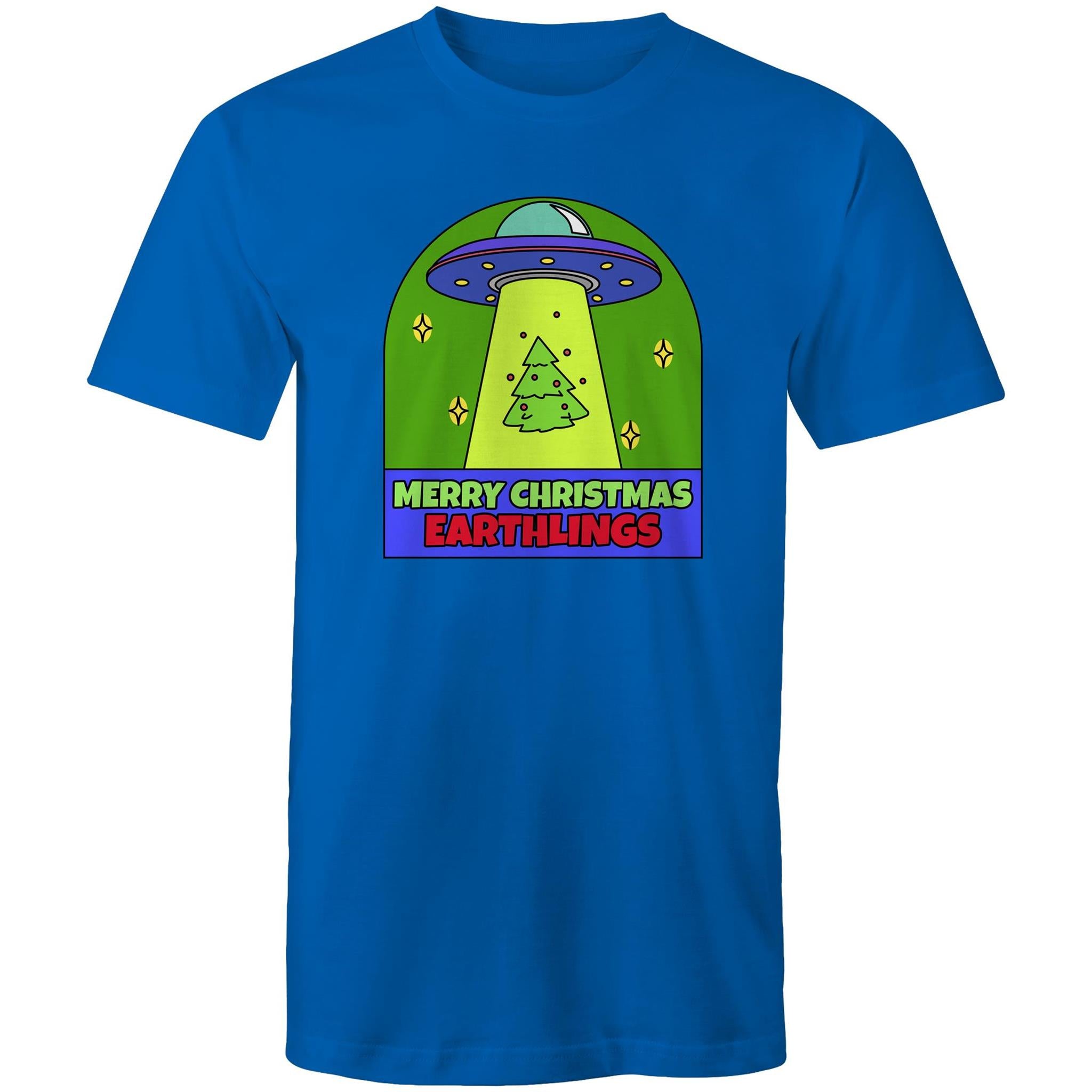 Merry Christmas Earthlings, UFO - Mens T-Shirt Bright Royal Mens Christmas T-shirt Christmas Printed In Australia