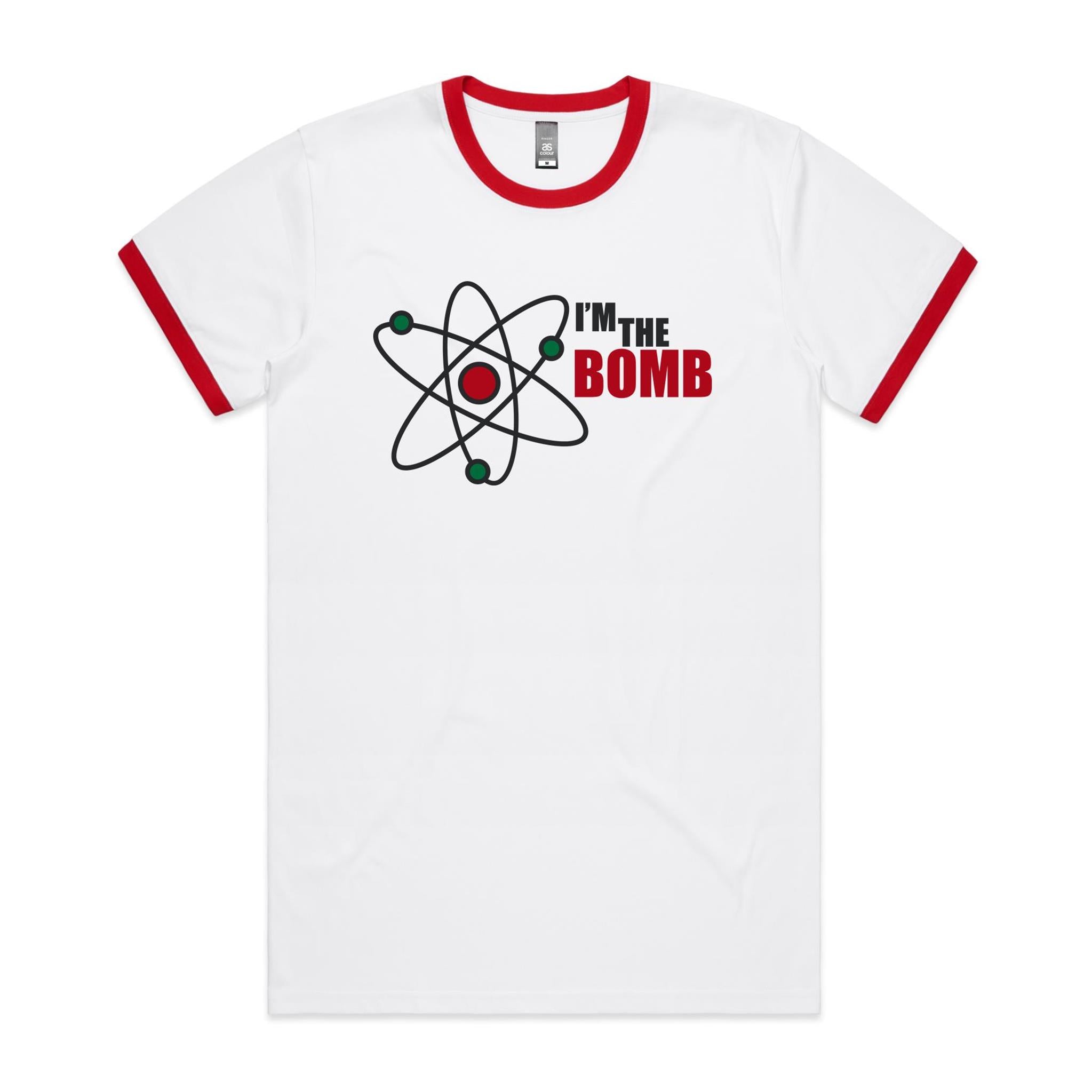 I'm The Bomb, Atom - Staple Ringer Tee White Red Ringer T-Shirt Printed In Australia Science