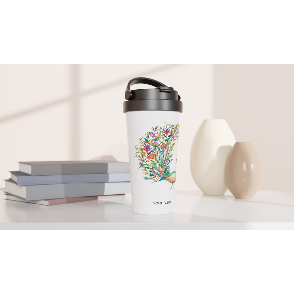 Personalised - Flower Peacock - White 15oz Stainless Steel Travel Mug Personalised Travel Mug animal coffee Globally Fulfilled