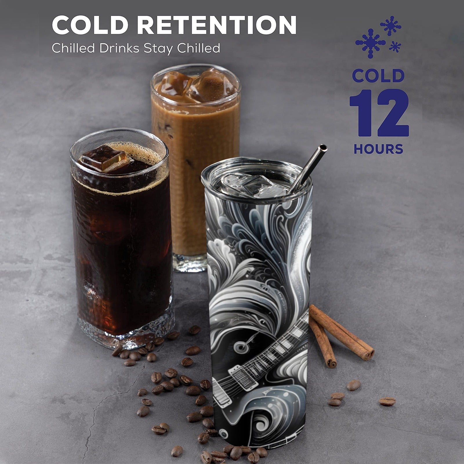 Guitar Black Swirl - 20oz Tall Skinny Tumbler with Lid and Straw