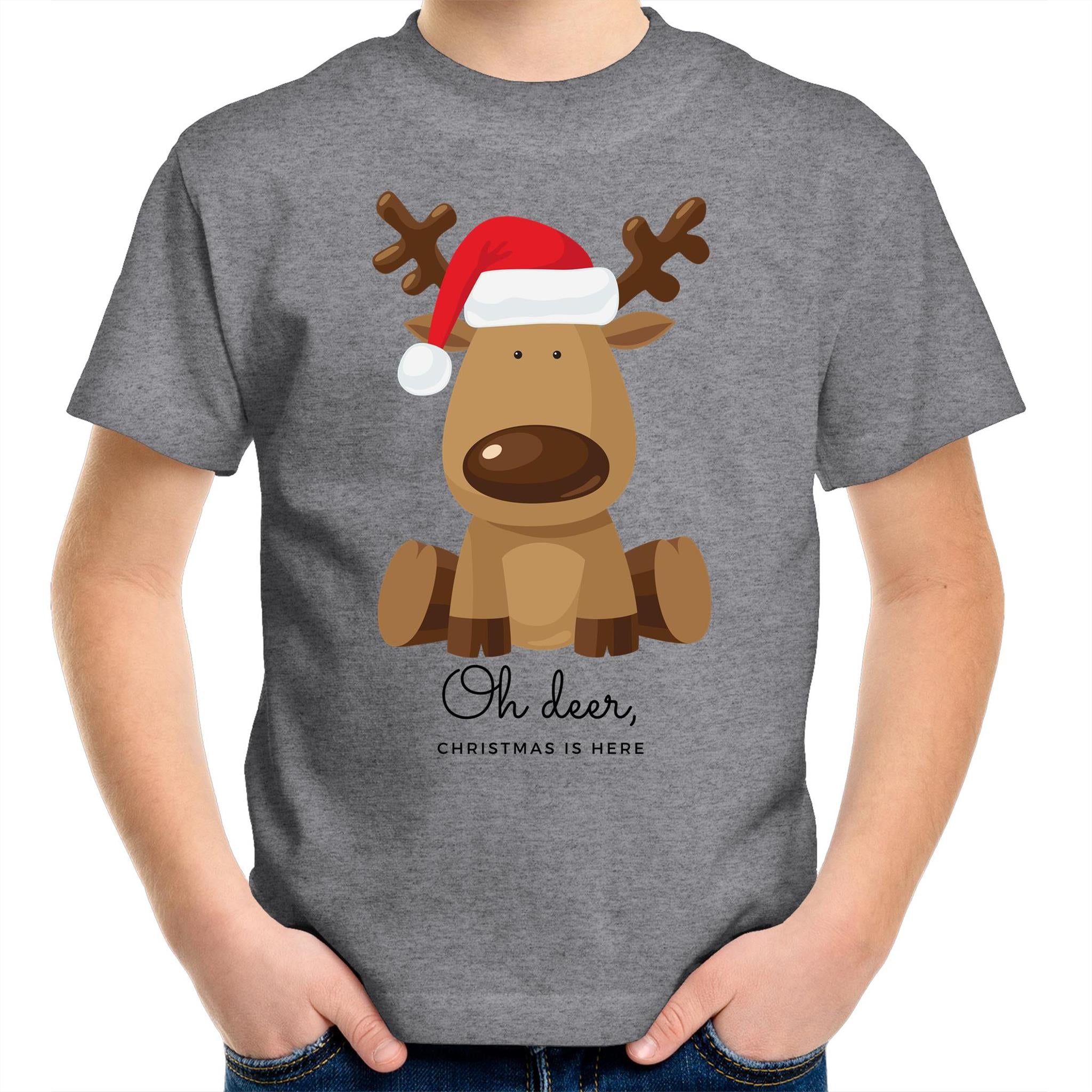 Oh Deer Christmas Is Here, Reindeer - Kids Youth T-Shirt Grey Marle Kids Christmas T-shirt Christmas Printed In Australia