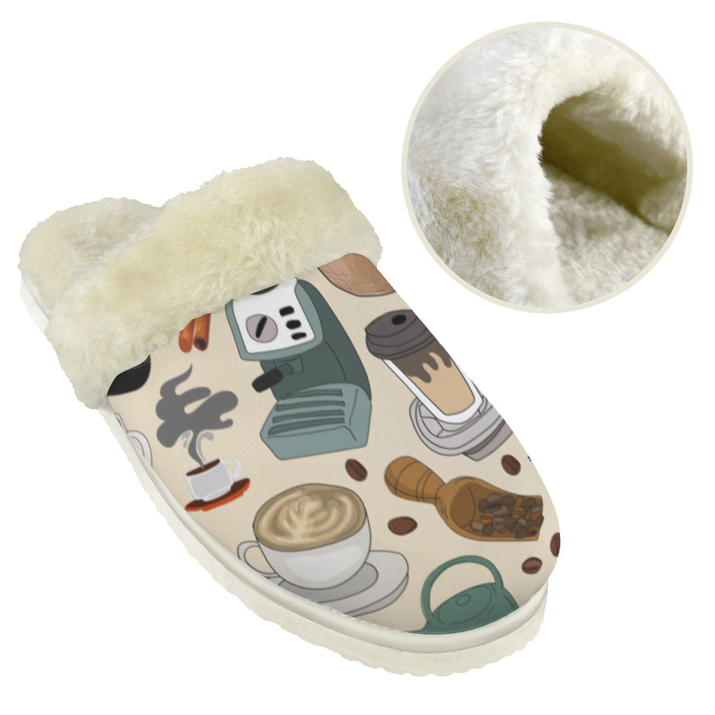 All The Coffee Men's Fur Trim Thick-Sole Indoor Slippers Men's Fur Trimmed Slippers Coffee Printed Offshore