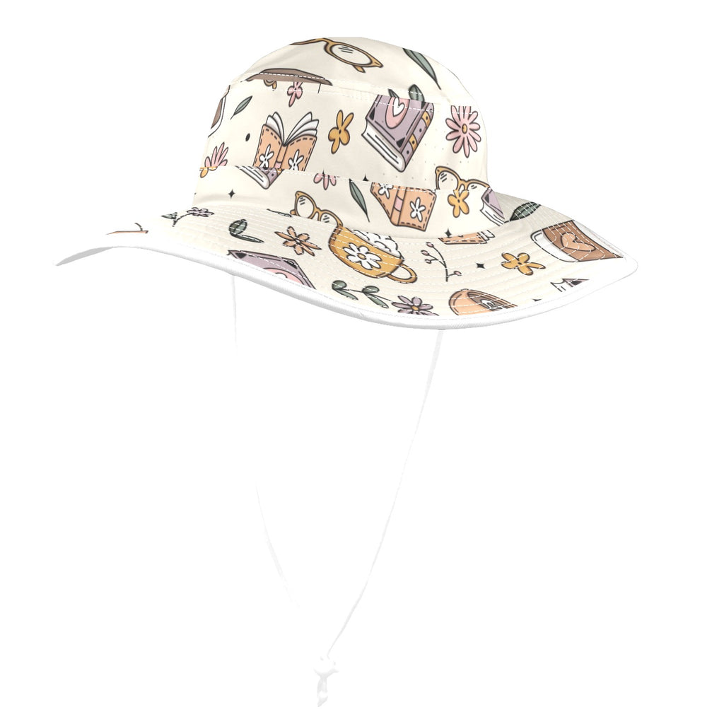 Books And Coffee - Wide Brim Bucket Hat Wide Brim Bucket Hat Coffee Printed Offshore Reading