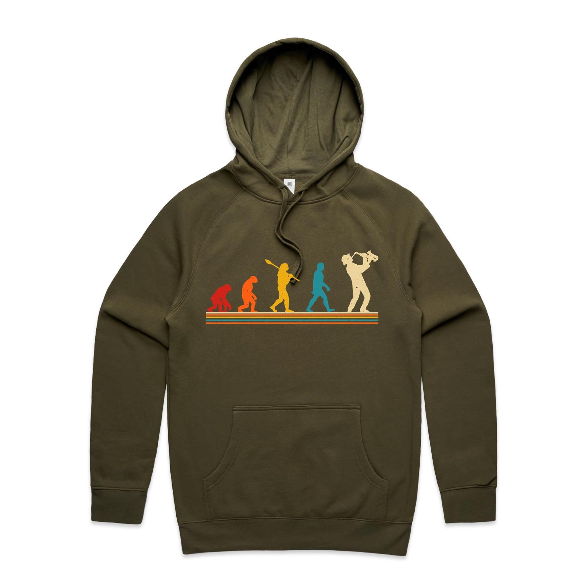 Saxophone Player Evolution - Mens Hoodie Army Mens Hoodie Music Printed In Australia
