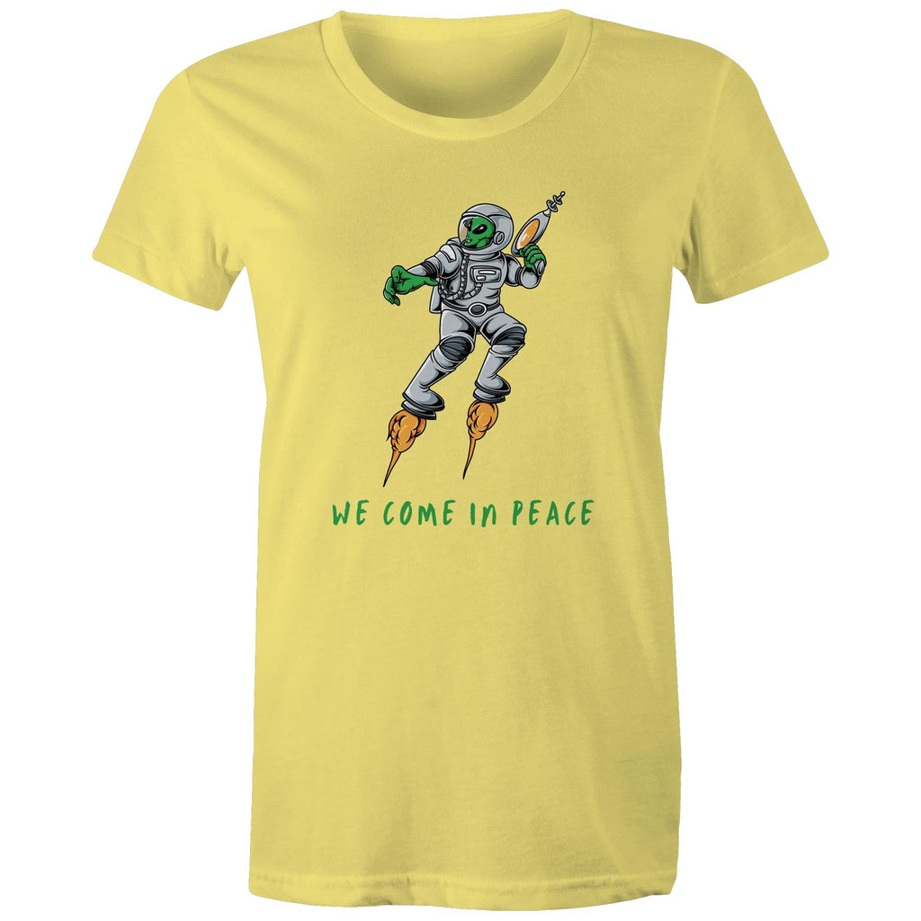 Alien Invasion, We Come In Peace - Womens T-shirt Yellow Womens T-shirt Printed In Australia Sci Fi