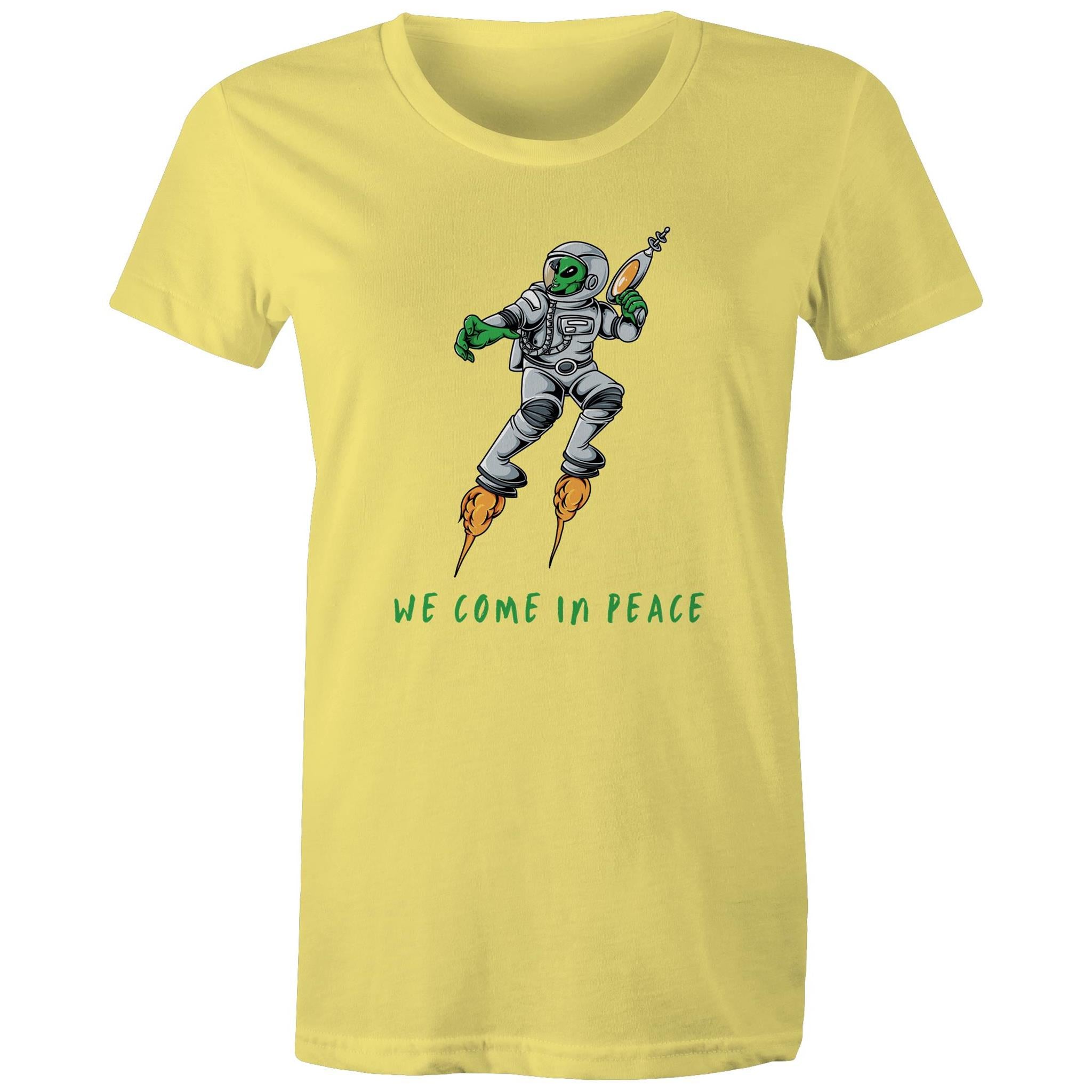 Alien Invasion, We Come In Peace - Womens T-shirt Yellow Womens T-shirt Printed In Australia Sci Fi