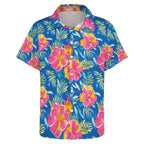 Pink And Blue Tropical Floral - Women's Short-Sleeve Button Up Shirt