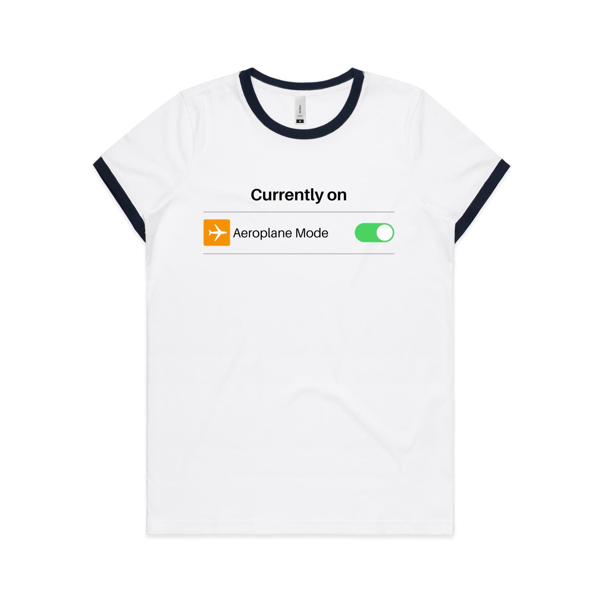 Currently On Aeroplane Mode - Women's Ringer Tee White Navy Womens Ringer T-shirt Printed In Australia Tech