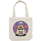 Coffee, Alien, UFO, Take Me To Your Brewer Canvas Tote Bag Cream One Size Tote Bag Coffee Printed In Australia Sci Fi