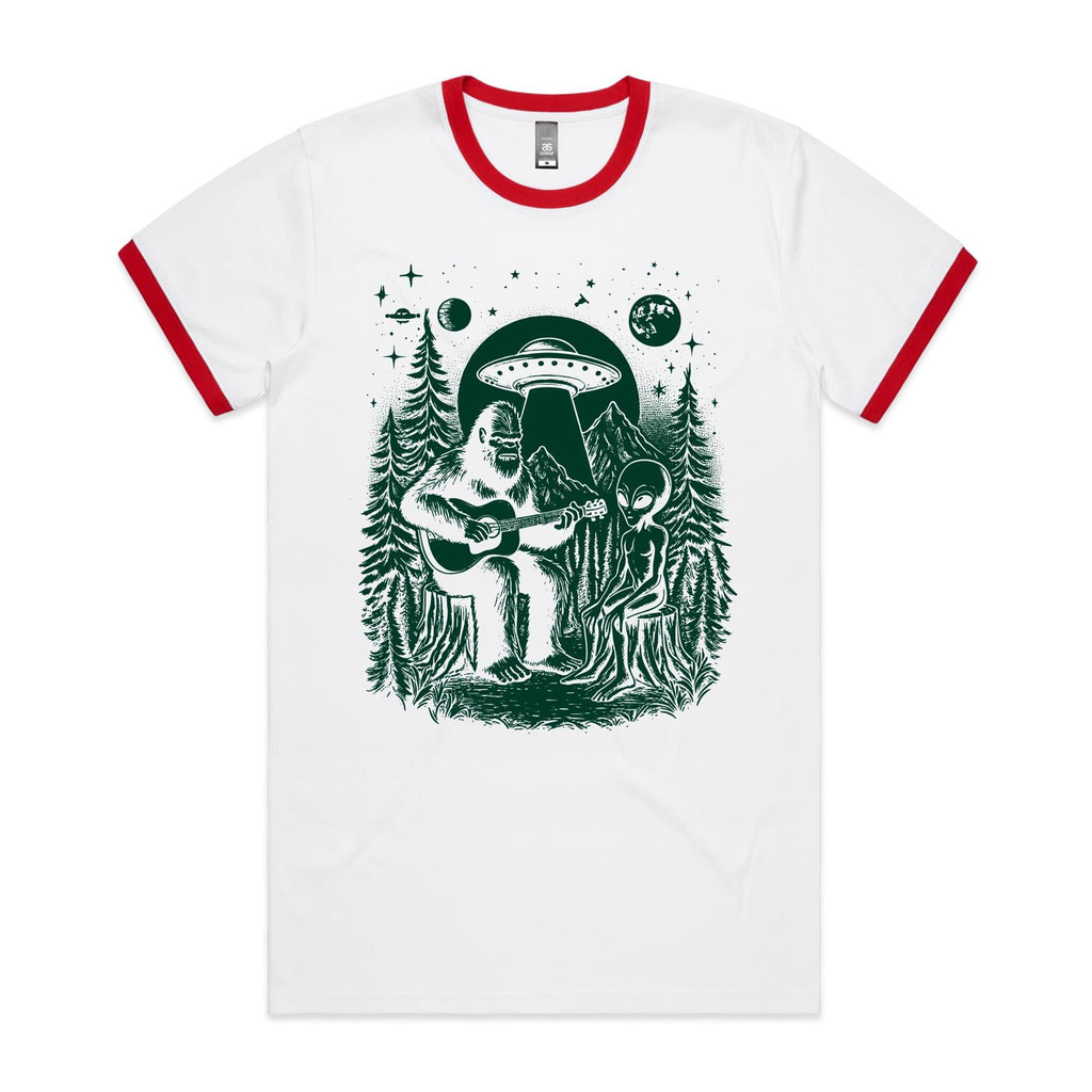 Alien And Bigfoot Playing Guitar - Staple Ringer Tee White Red Ringer T-Shirt Music Printed In Australia Sci Fi