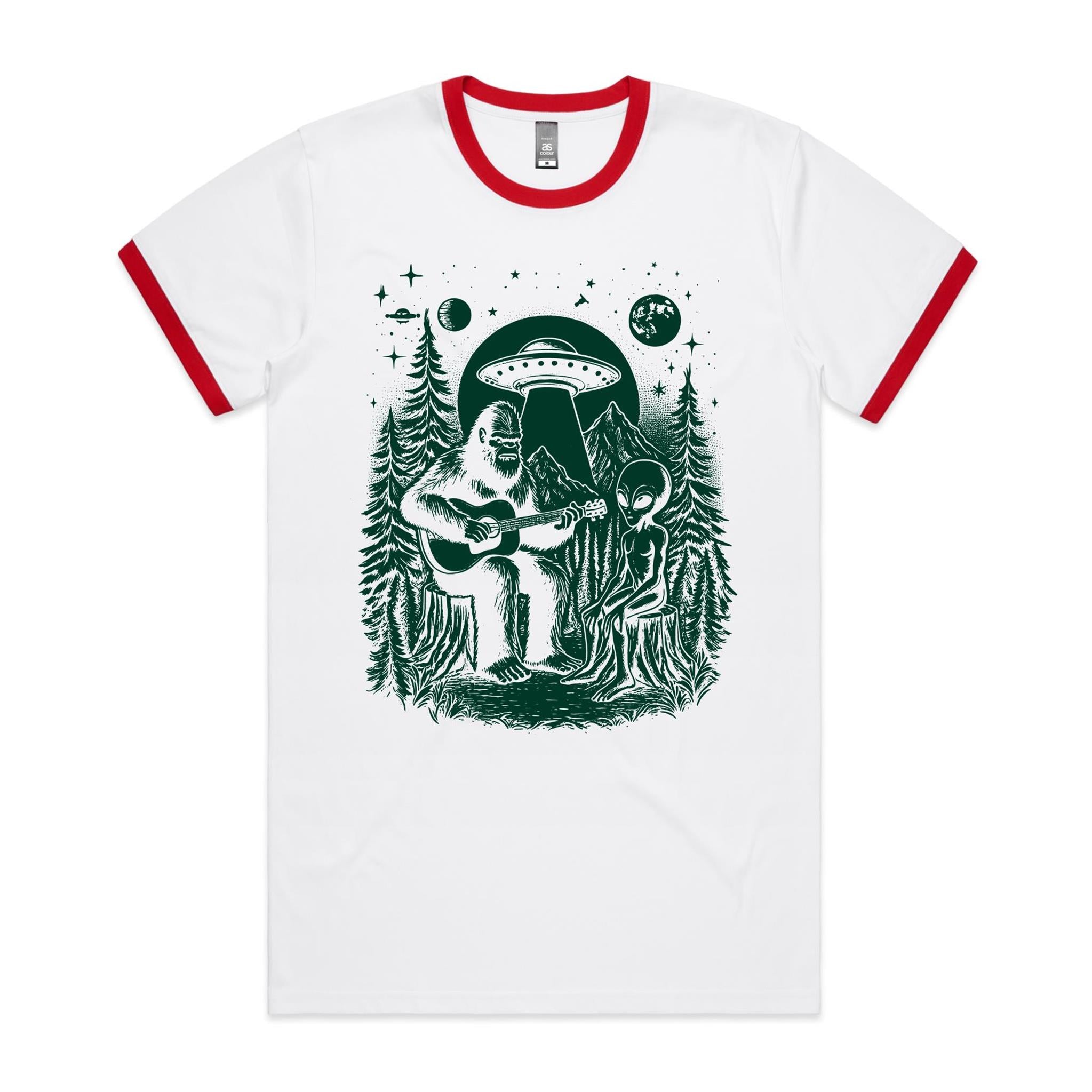 Alien And Bigfoot Playing Guitar - Staple Ringer Tee White Red Ringer T-Shirt Music Printed In Australia Sci Fi