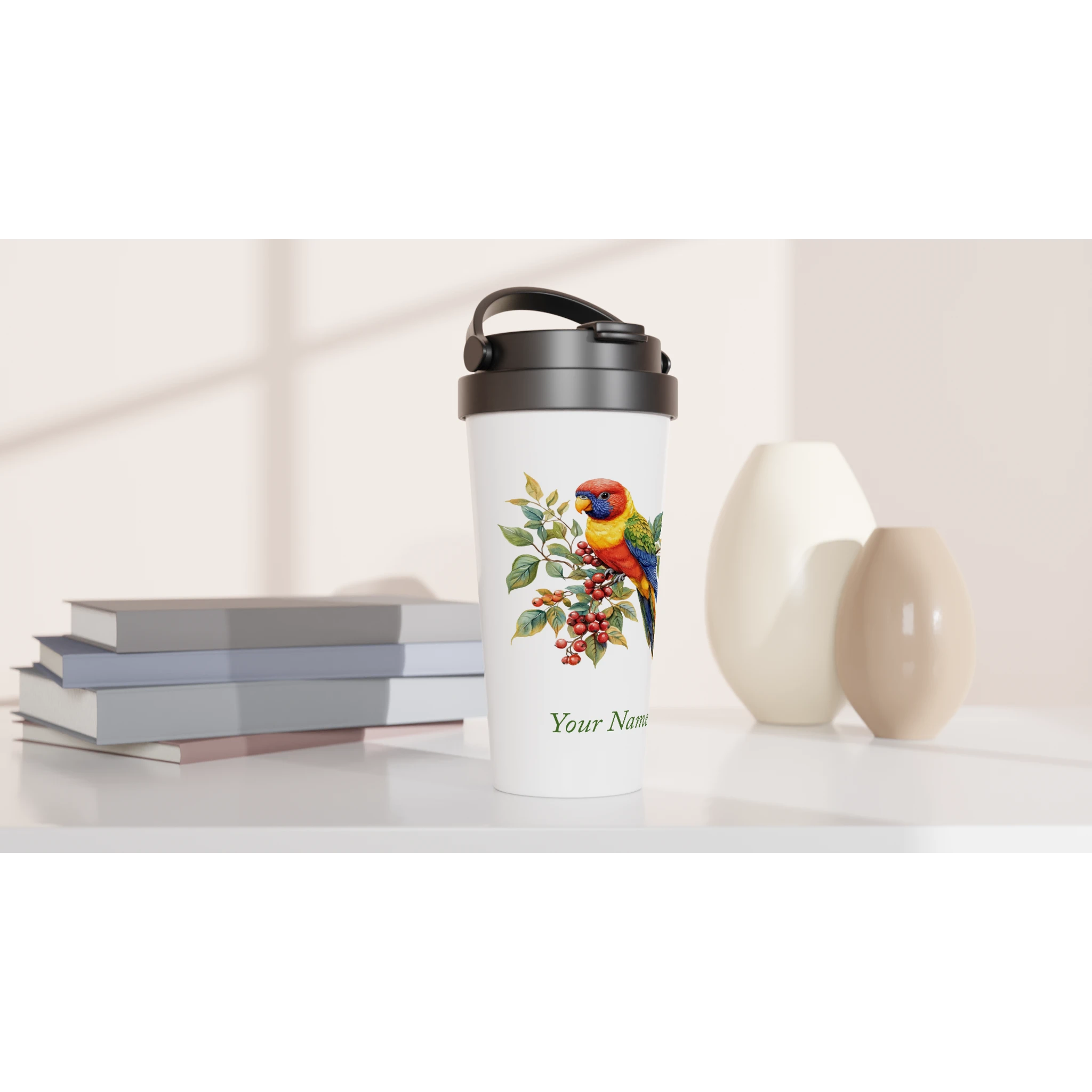 Personalise - Lorikeet, Australian Birds - White 15oz Stainless Steel Travel Mug Personalised Travel Mug animal Globally Fulfilled