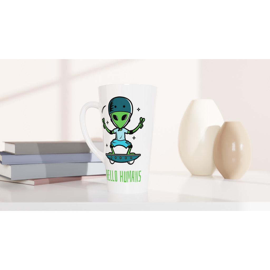 Hello Humans, Alien Skateboard - White Latte 17oz Ceramic Mug Latte Mug Globally Fulfilled Sci Fi