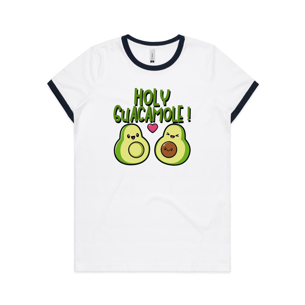 Holy Guacamole, Pregnant Avocado - Women's Ringer Tee White Navy Womens Ringer T-shirt Food Printed In Australia