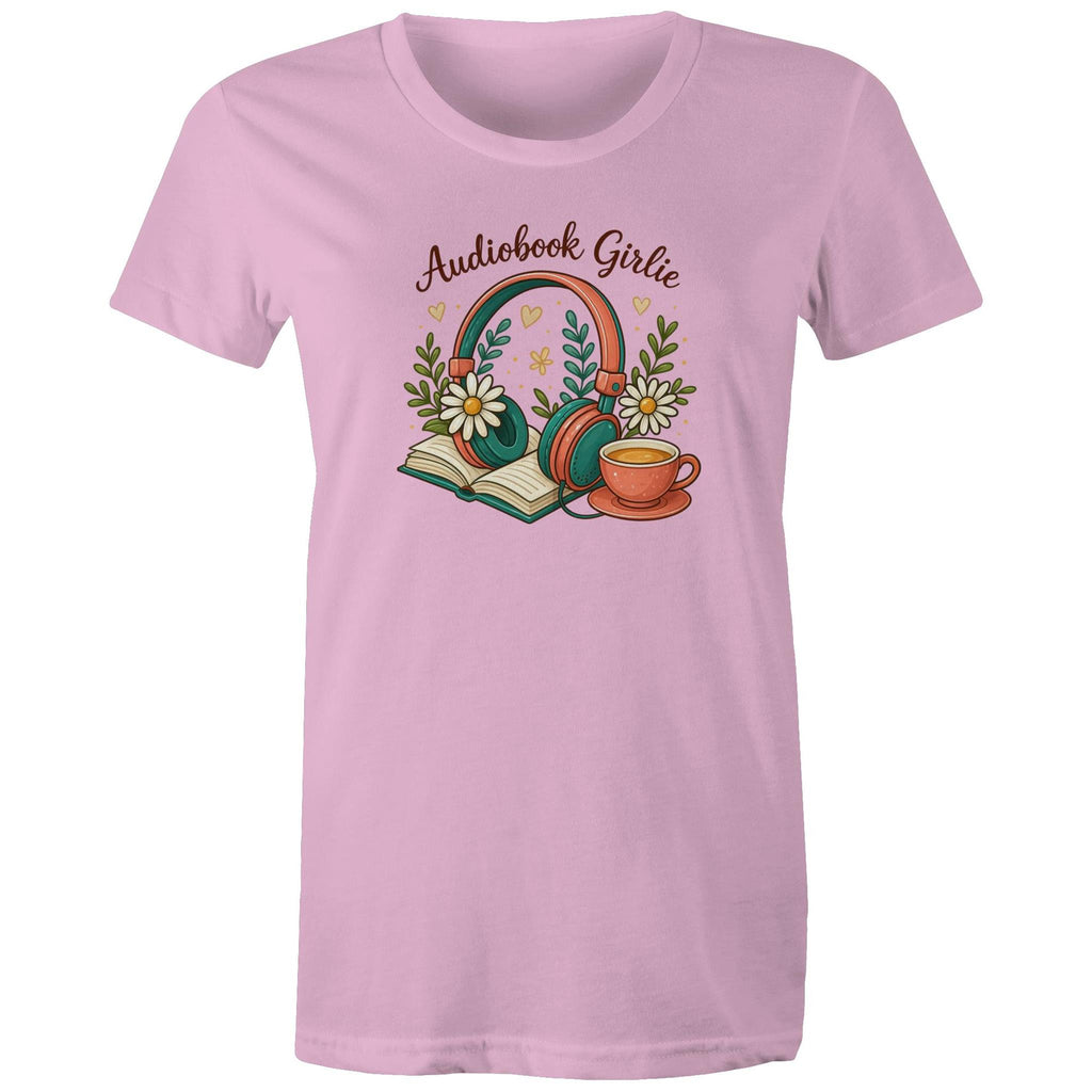 Audiobook Girlie - Womens T-shirt Pink Womens T-shirt Printed In Australia Reading