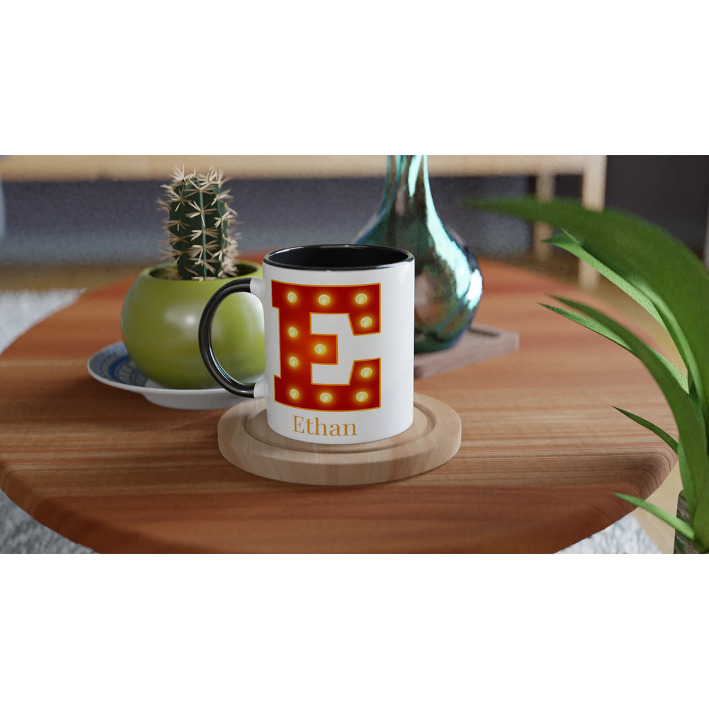 Personalised - Marquee Lights Initial - White 11oz Ceramic Mug with Color Inside Personalised 11oz Mug Customise Globally Fulfilled Personalise
