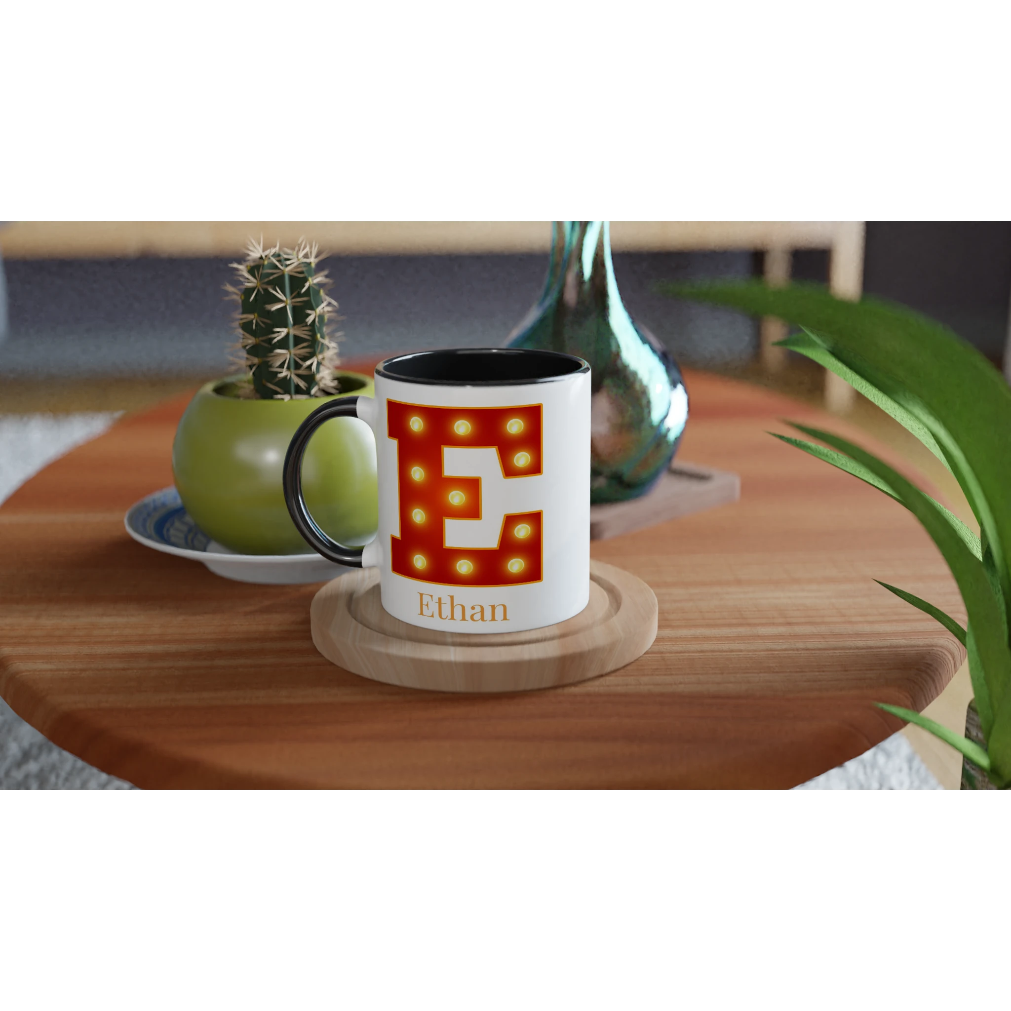 Personalised - Marquee Lights Initial - White 11oz Ceramic Mug with Color Inside Personalised 11oz Mug Customise Globally Fulfilled Personalise