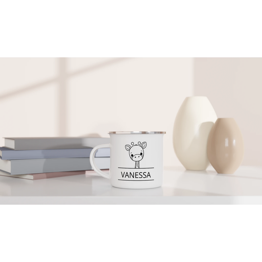 Giraffe Name - White 12oz Enamel Mug Personalised Enamel Mug animal customise Globally Fulfilled Name personalise
