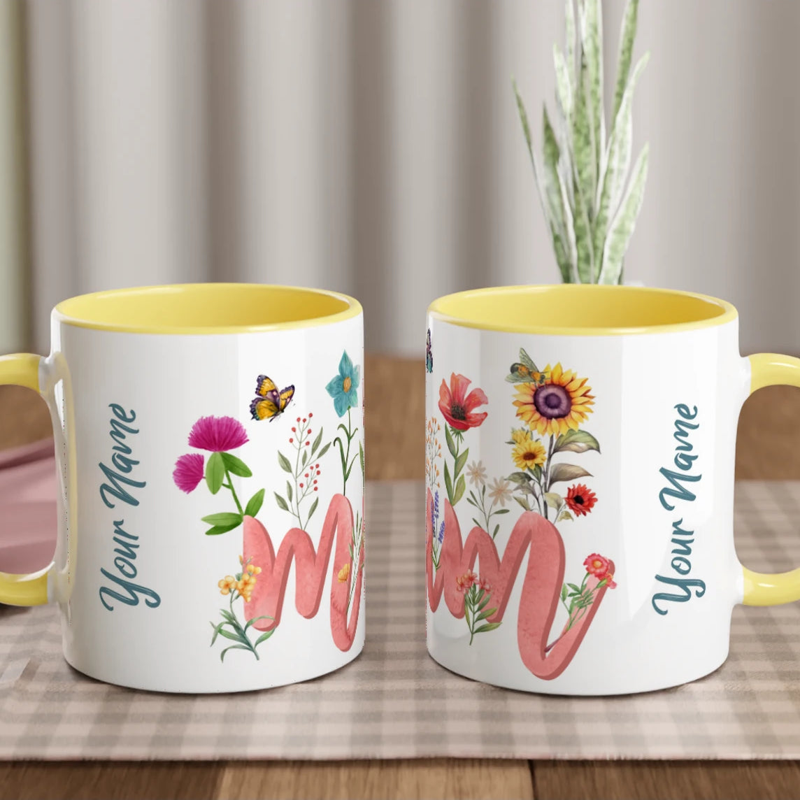 Personalised - Mum With Flowers And Butterflies - 11oz Ceramic Mug Ceramic Yellow Personalised 11oz Mug Globally Fulfilled Mum