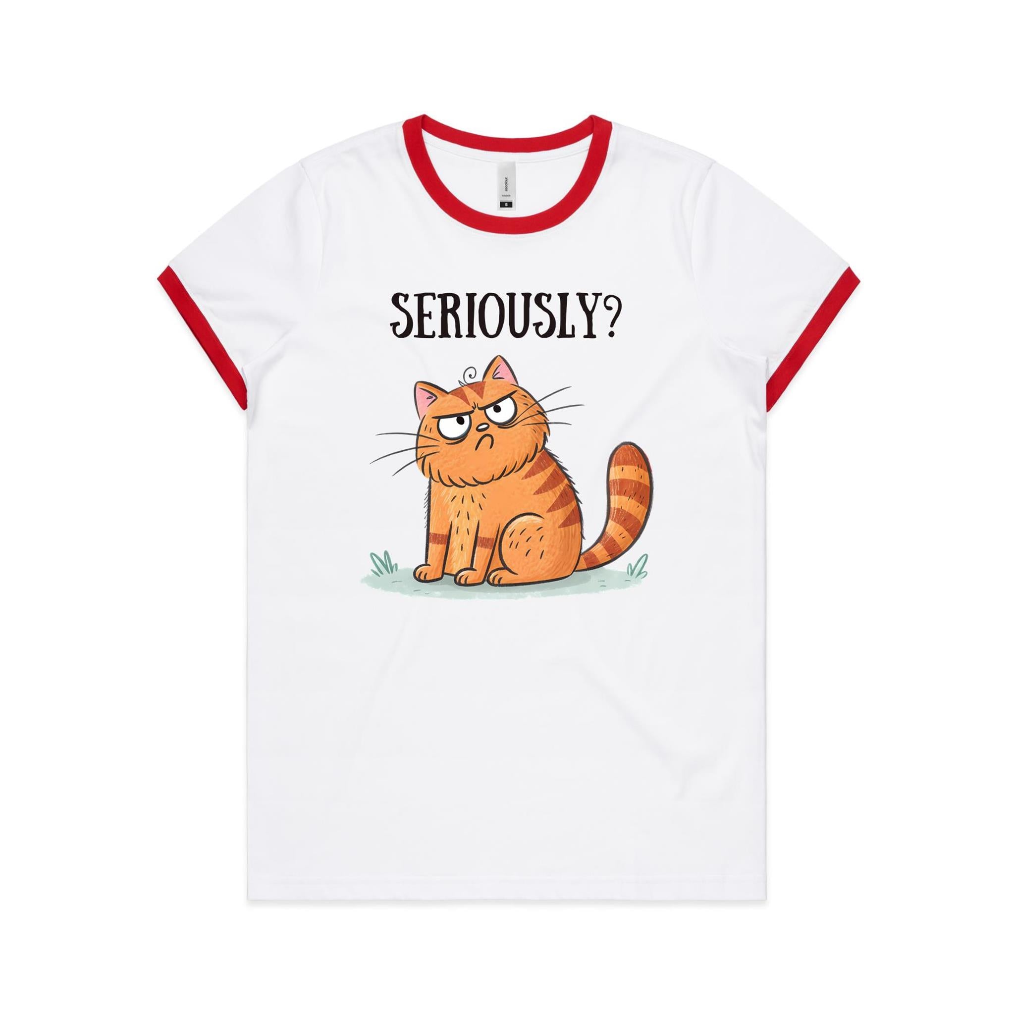 Cat Seriously? - Women's Ringer Tee White Red Womens Ringer T-shirt animal Printed In Australia