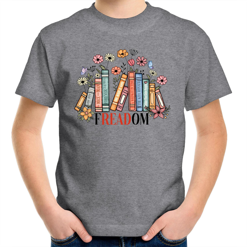 Freedom, Reading Books - Kids Youth T-shirt Grey Marle Kids Youth T-shirt Printed In Australia Reading
