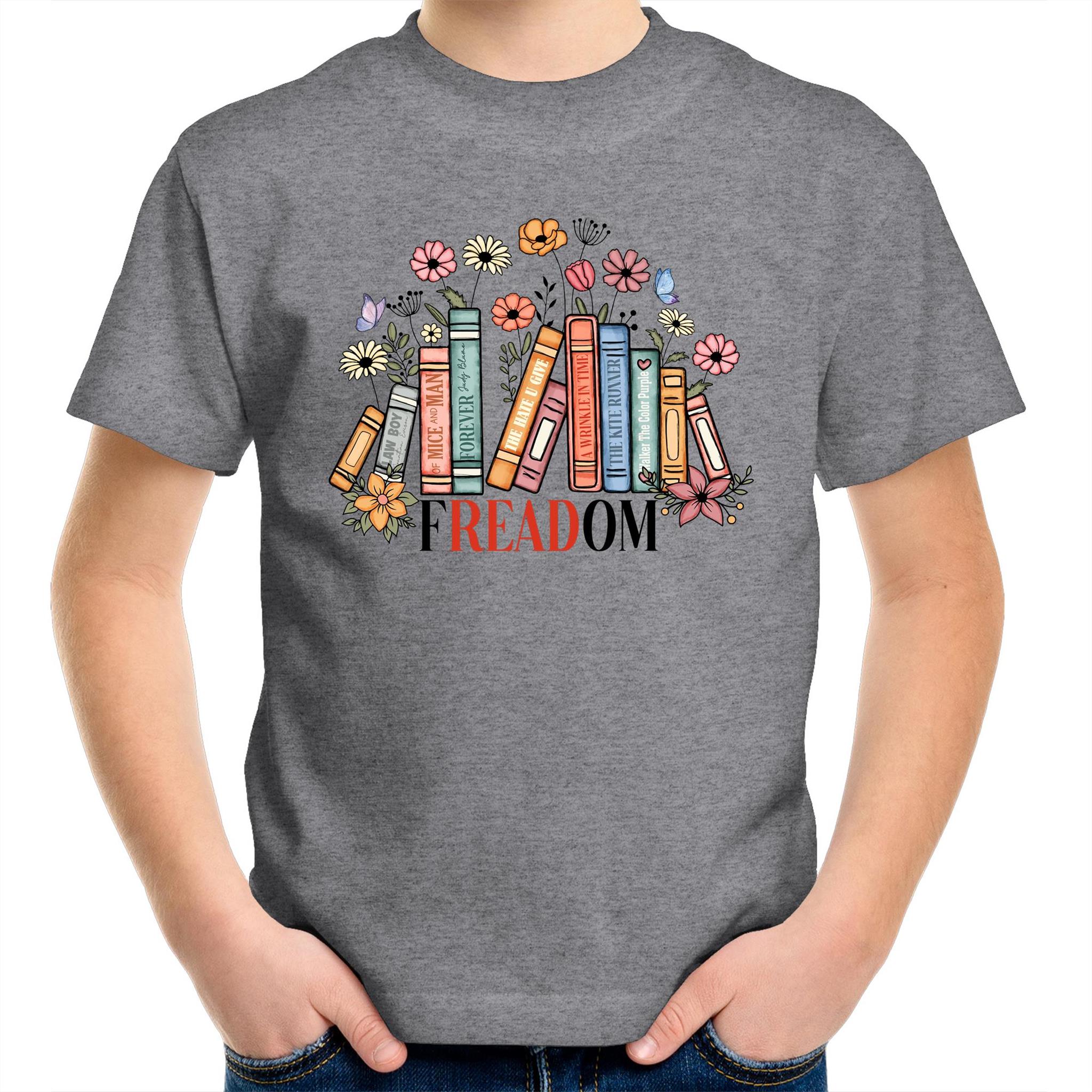 Freedom, Reading Books - Kids Youth T-shirt Grey Marle Kids Youth T-shirt Printed In Australia Reading