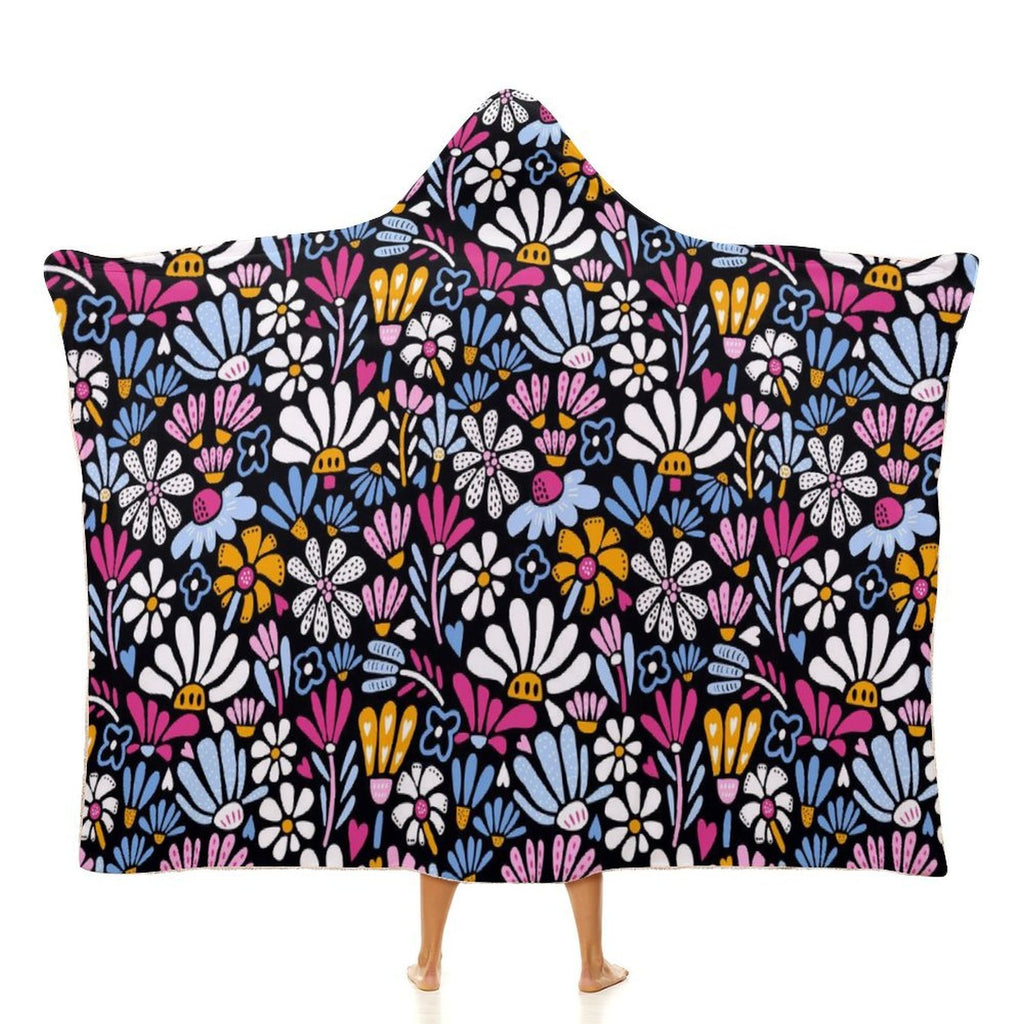 Graphic Flowers On Black Kids Hooded Blanket 100cm x 130cm white 40"×50" Kids Hooded Blanket Plants Printed Offshore