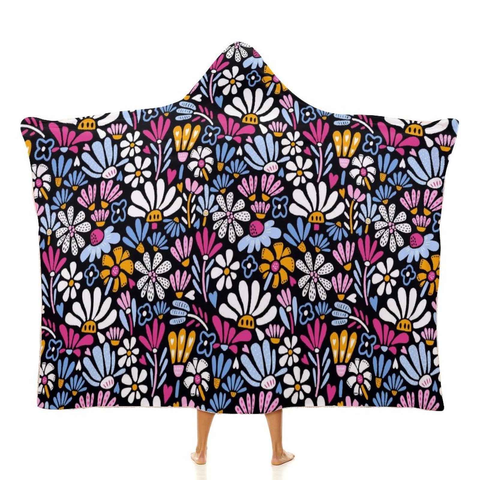 Graphic Flowers On Black Kids Hooded Blanket 100cm x 130cm white 40"×50" Kids Hooded Blanket Plants Printed Offshore