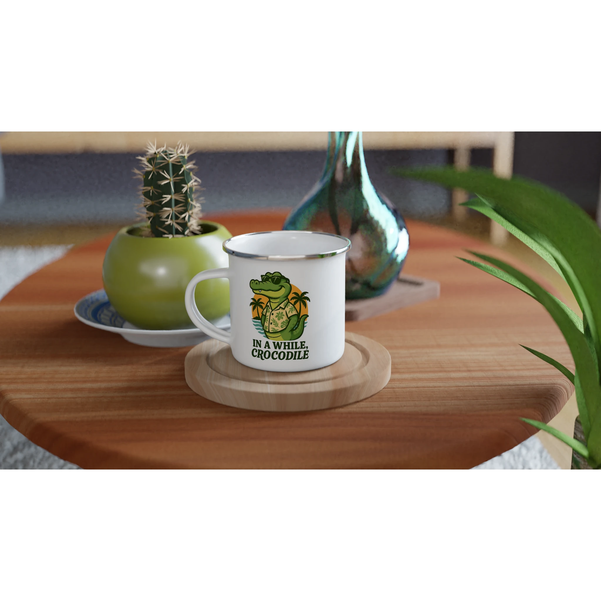 Personalised - In A While, Crocodile - White 12oz Enamel Mug Personalised Enamel Mug animal Globally Fulfilled