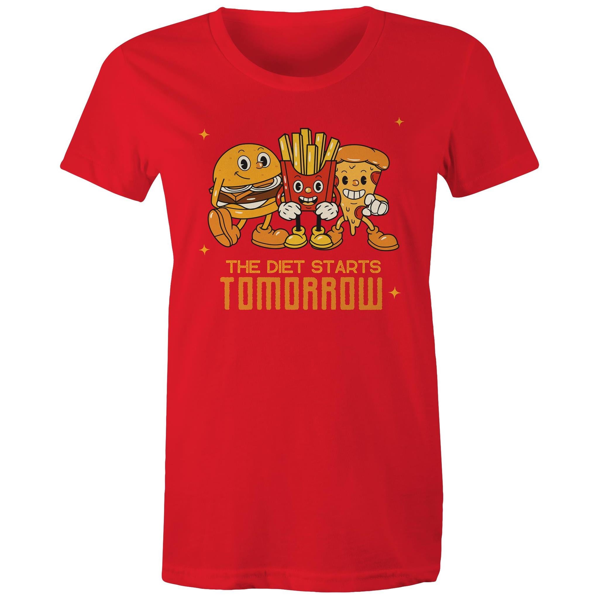 The Diet Starts Tomorrow, Hamburger, Fries, Pizza - Womens T-shirt Red Womens T-shirt Food Printed In Australia