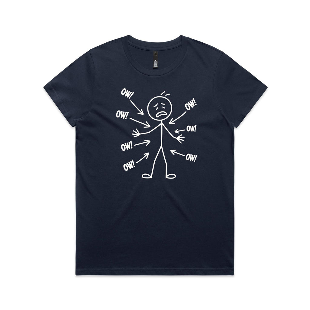 Ow! Everything Hurts Stick Figure Women's AS Colour T-shirt Midnight Blue Womens T-shirt Printed In Australia
