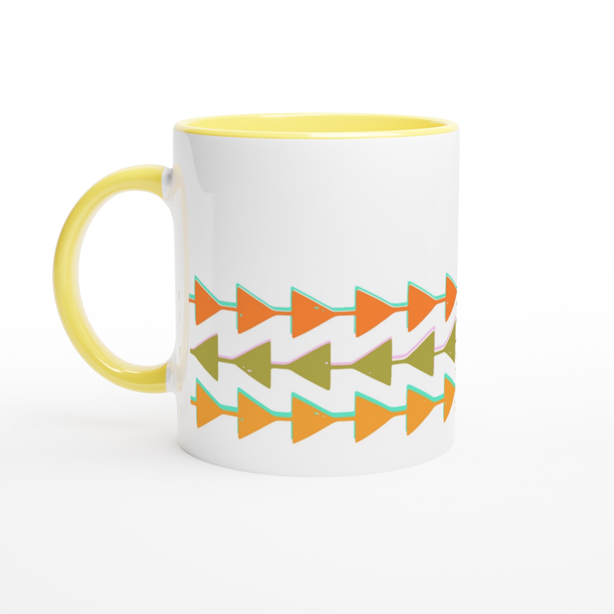 Retro Triangles - White 11oz Ceramic Mug with Colour Inside Ceramic Yellow Colour 11oz Mug Globally Fulfilled Retro