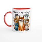 Where Is My Coffee, Cranky Cats - White 11oz Ceramic Mug with Colour Inside Ceramic Red Colour 11oz Mug animal Coffee Globally Fulfilled