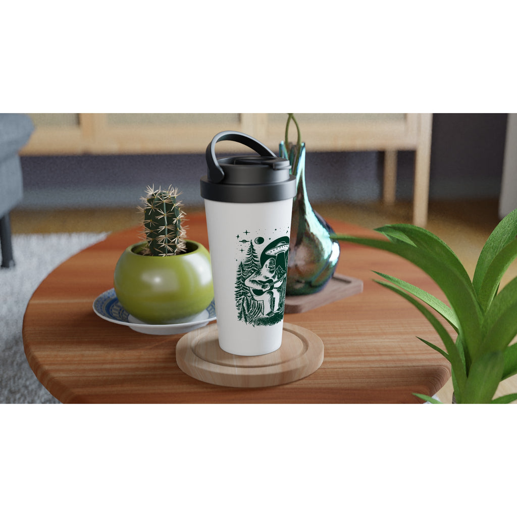 Alien And Bigfoot Play Guitar - White 15oz Stainless Steel Travel Mug Travel Mug Globally Fulfilled Music Sci Fi