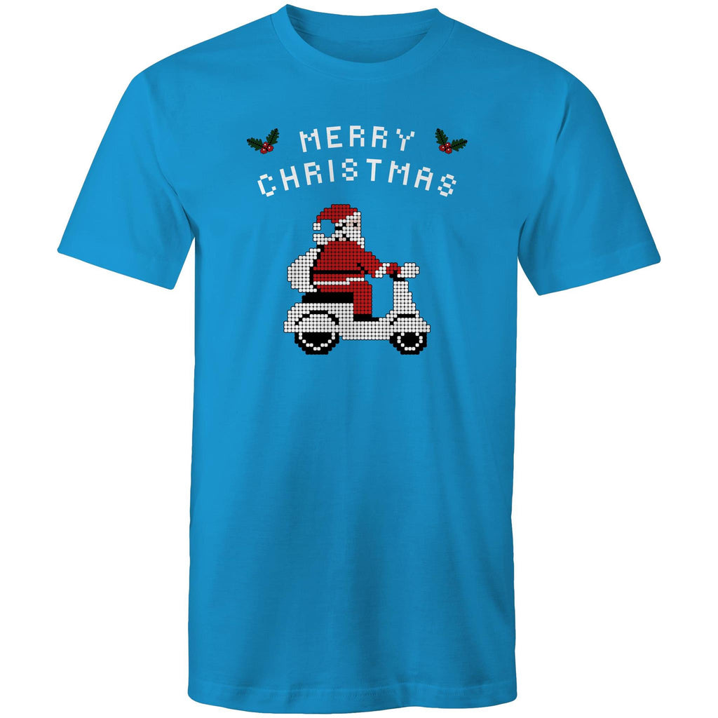 Scooter Santa - Mens T-Shirt Arctic Blue Mens Christmas T-shirt Christmas Printed In Australia
