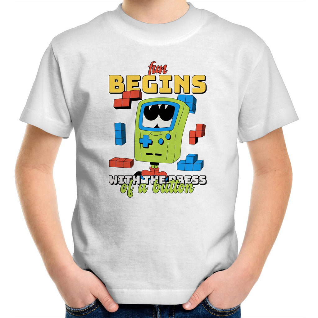 Fun Begins With The Press Of A Button, Video Game - Kids Youth T-Shirt White Kids Youth T-shirt Games Printed In Australia