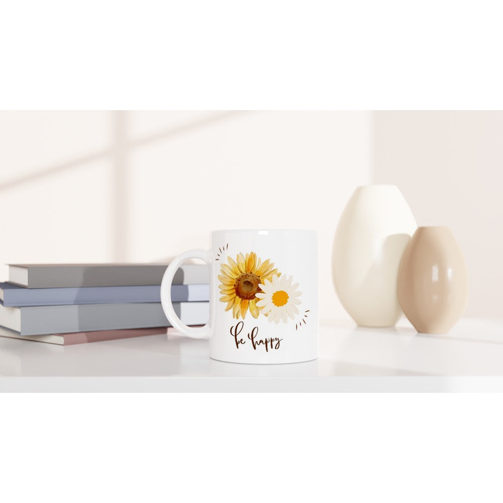 Be Happy - White 11oz Ceramic Mug White 11oz Mug Globally Fulfilled plant positivity