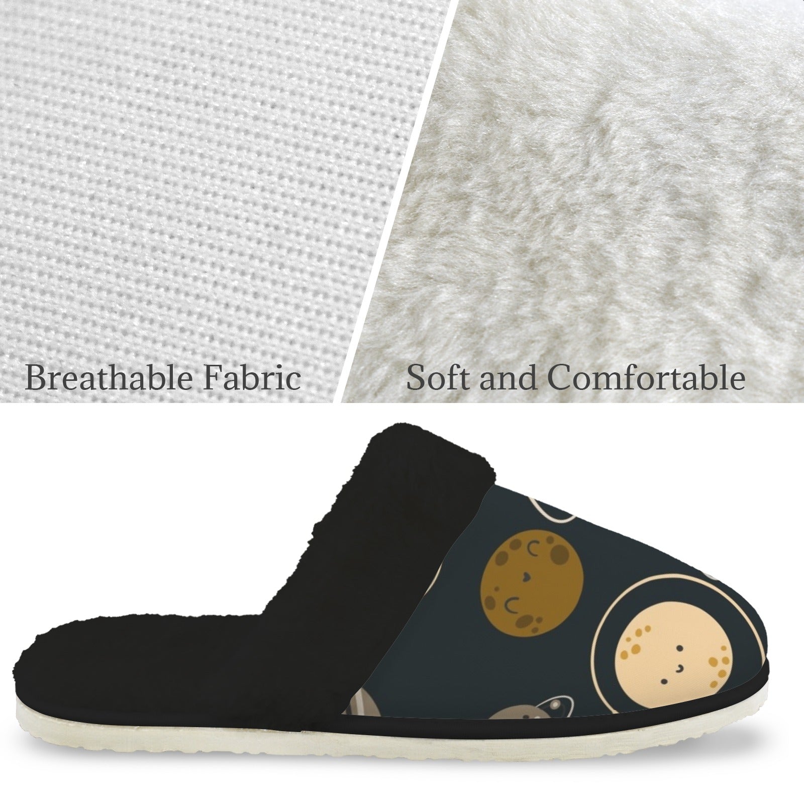 Planets - Men's Fur Trim Thick-Sole Indoor Slippers Men's Fur Trimmed Slippers Printed Offshore Space