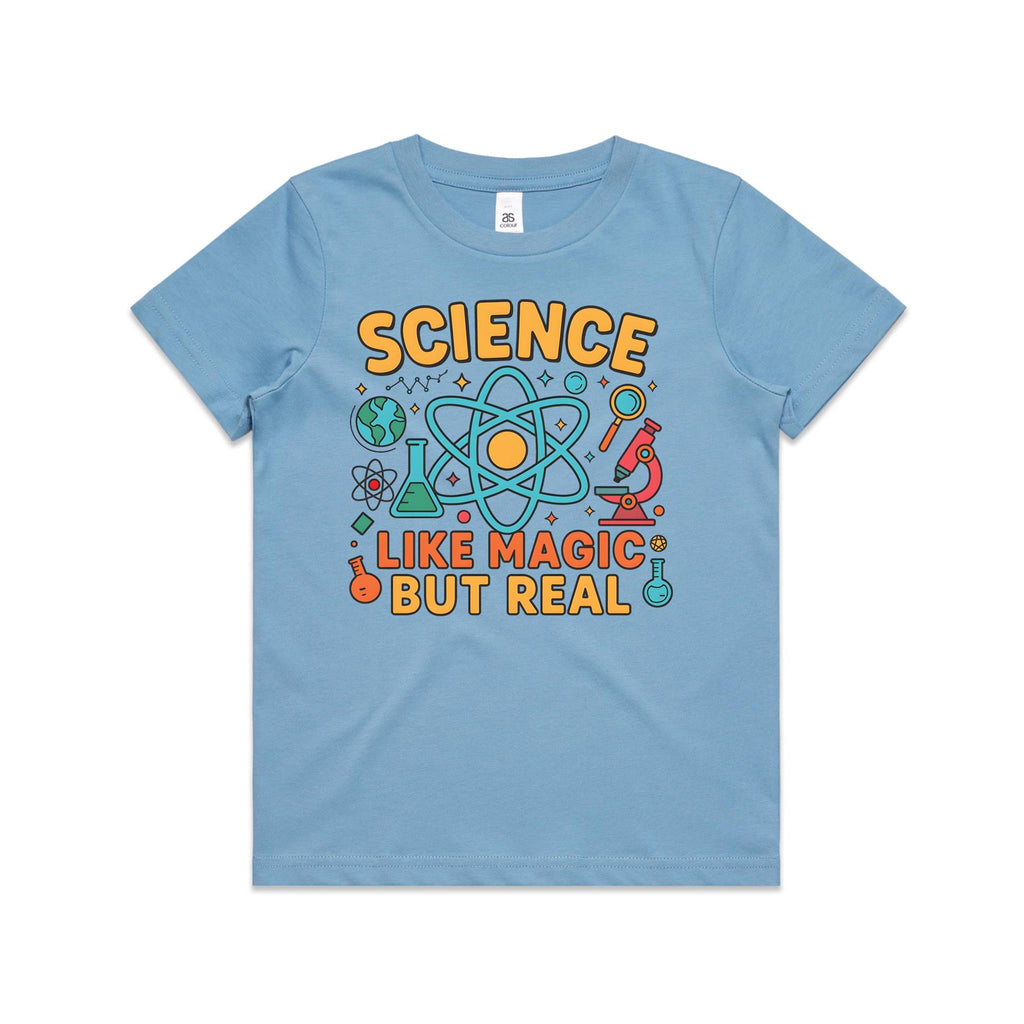 Science, Like Magic But Real Kid's AS Colour T-shirt Carolina Blue Kids Youth T-shirt Printed In Australia Science