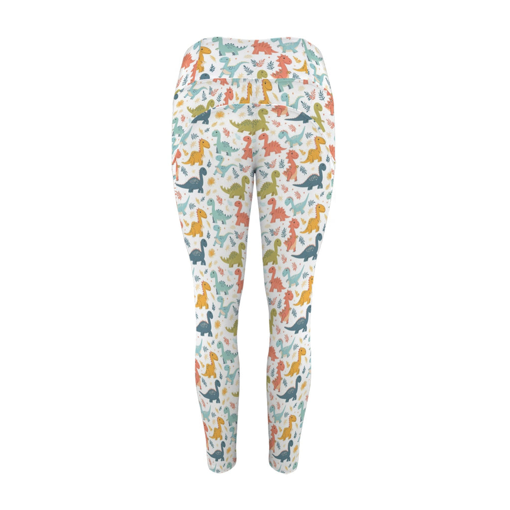Cute Colourful Dinosaurs - Women's High Waist Pockets Yoga Leggings