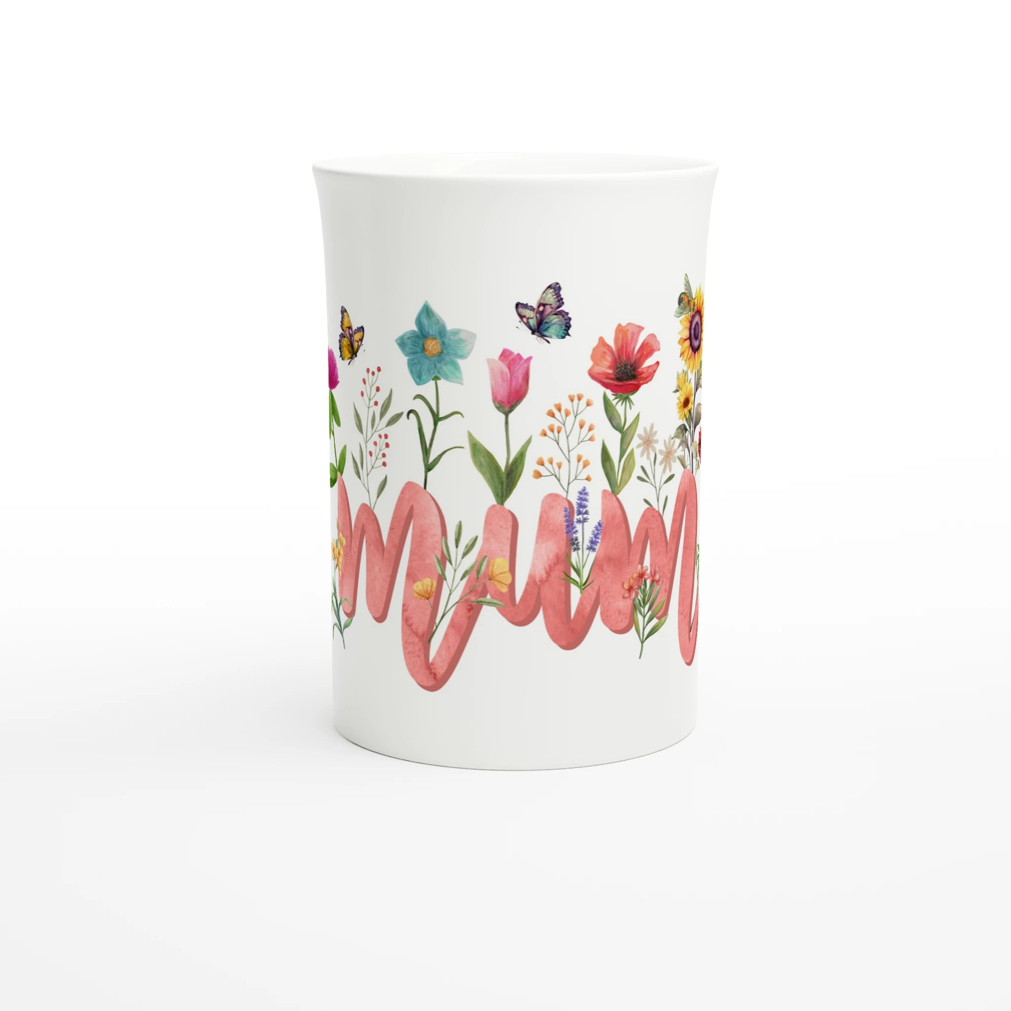 Personalised - Mum With Flowers And Butterflies - White 10oz Porcelain Slim Mug Personalised Porcelain Mug Globally Fulfilled Mum