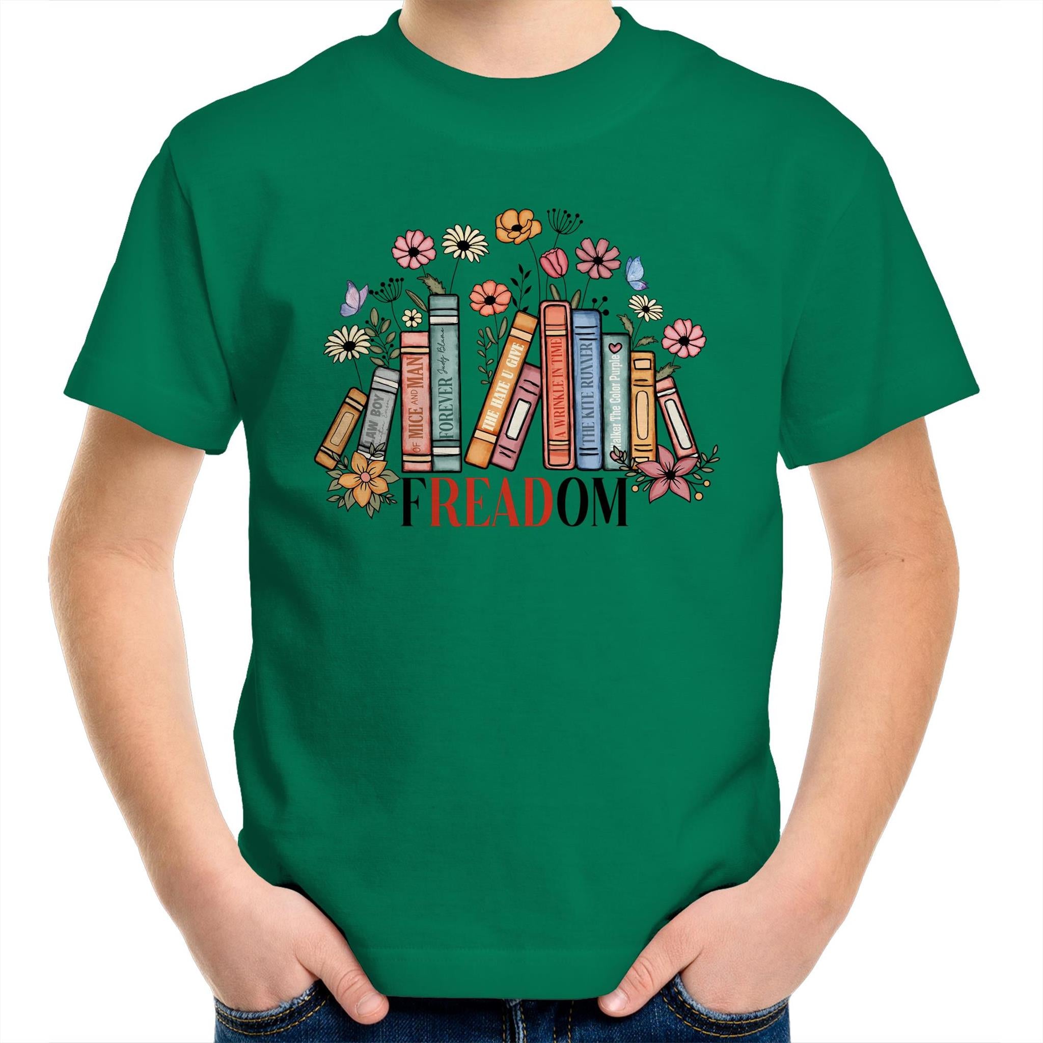 Freedom, Reading Books - Kids Youth T-shirt Kelly Green Kids Youth T-shirt Printed In Australia Reading