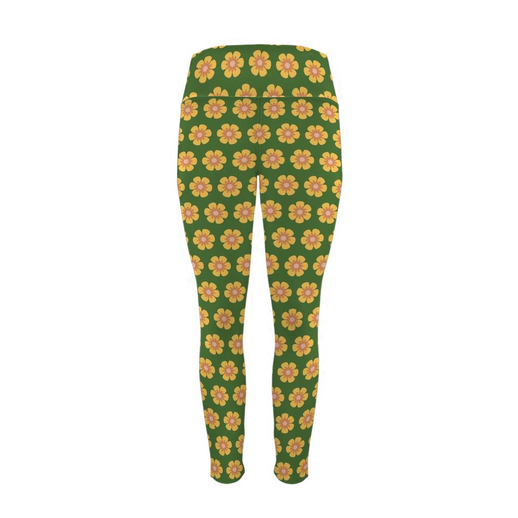 Yellow Flowers On Green Women's High Waist Pockets Yoga Leggings