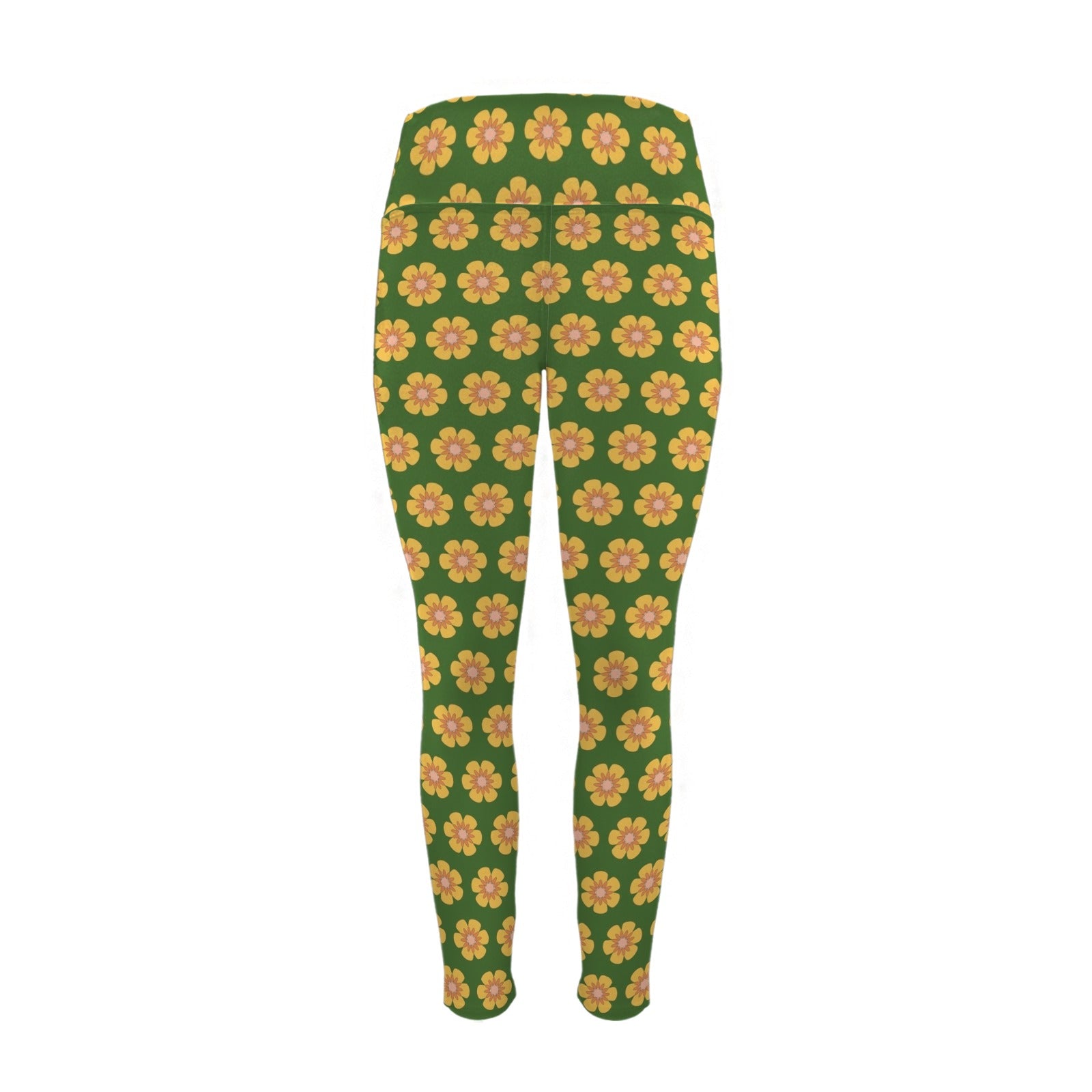 Yellow Flowers On Green Women's High Waist Pockets Yoga Leggings