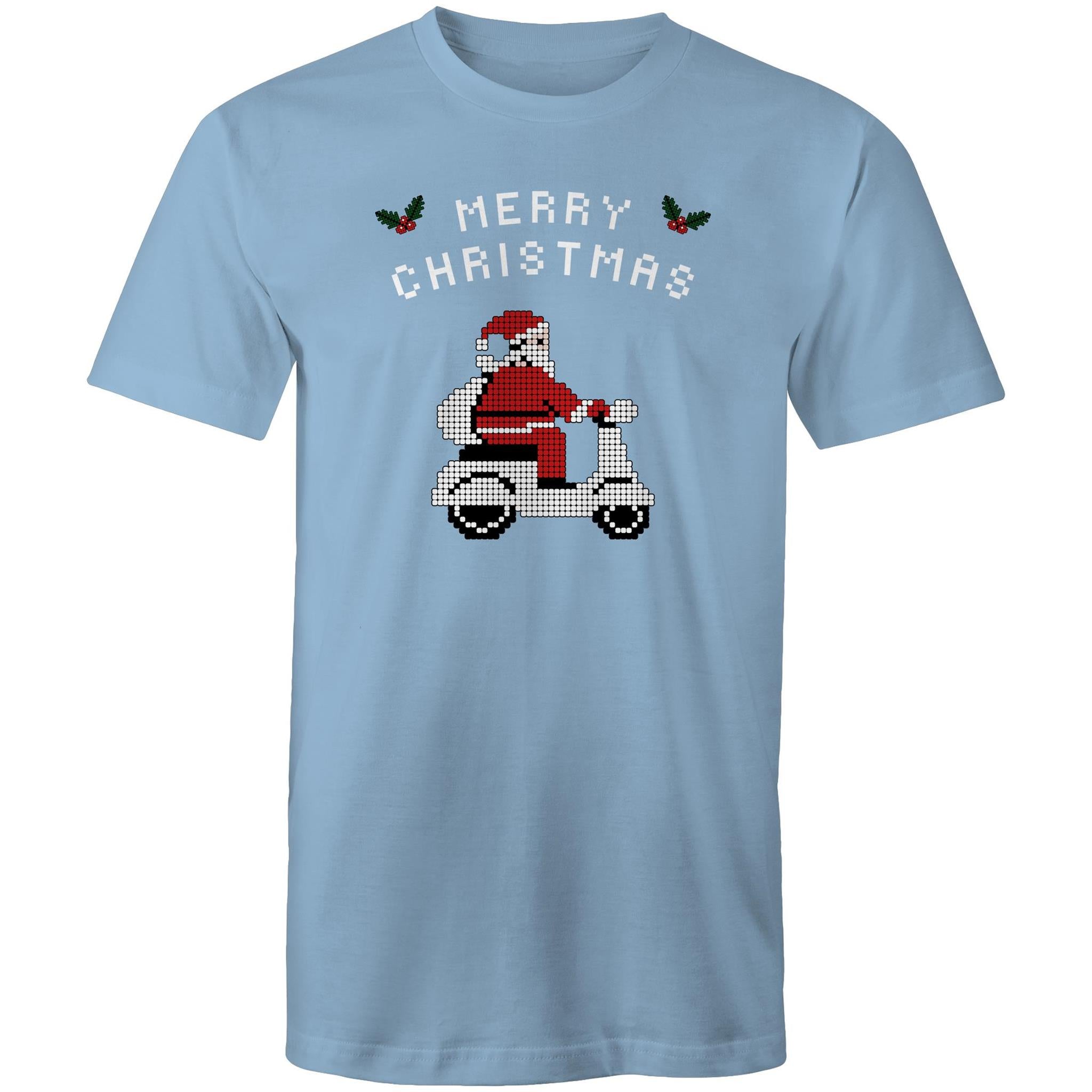 Scooter Santa - Mens T-Shirt Carolina Blue Mens Christmas T-shirt Christmas Printed In Australia