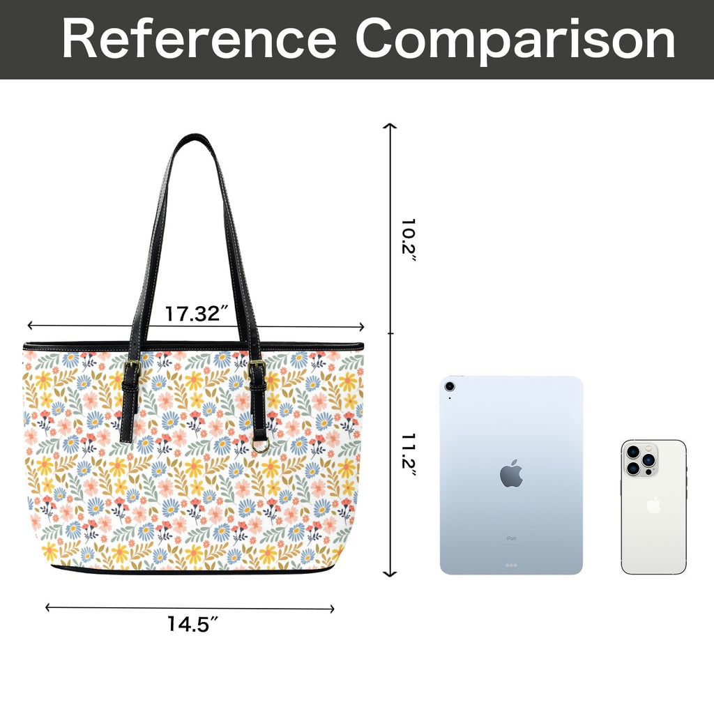 Boho Flowers And Leaves PU Leather Tote Bag Large Leather Tote Bag-Large Plants Printed Offshore