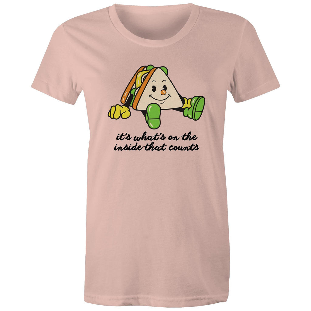 Sandwich, It's What's On The Inside That Counts - Womens T-shirt Pale Pink Womens T-shirt Food Positivity Printed In Australia