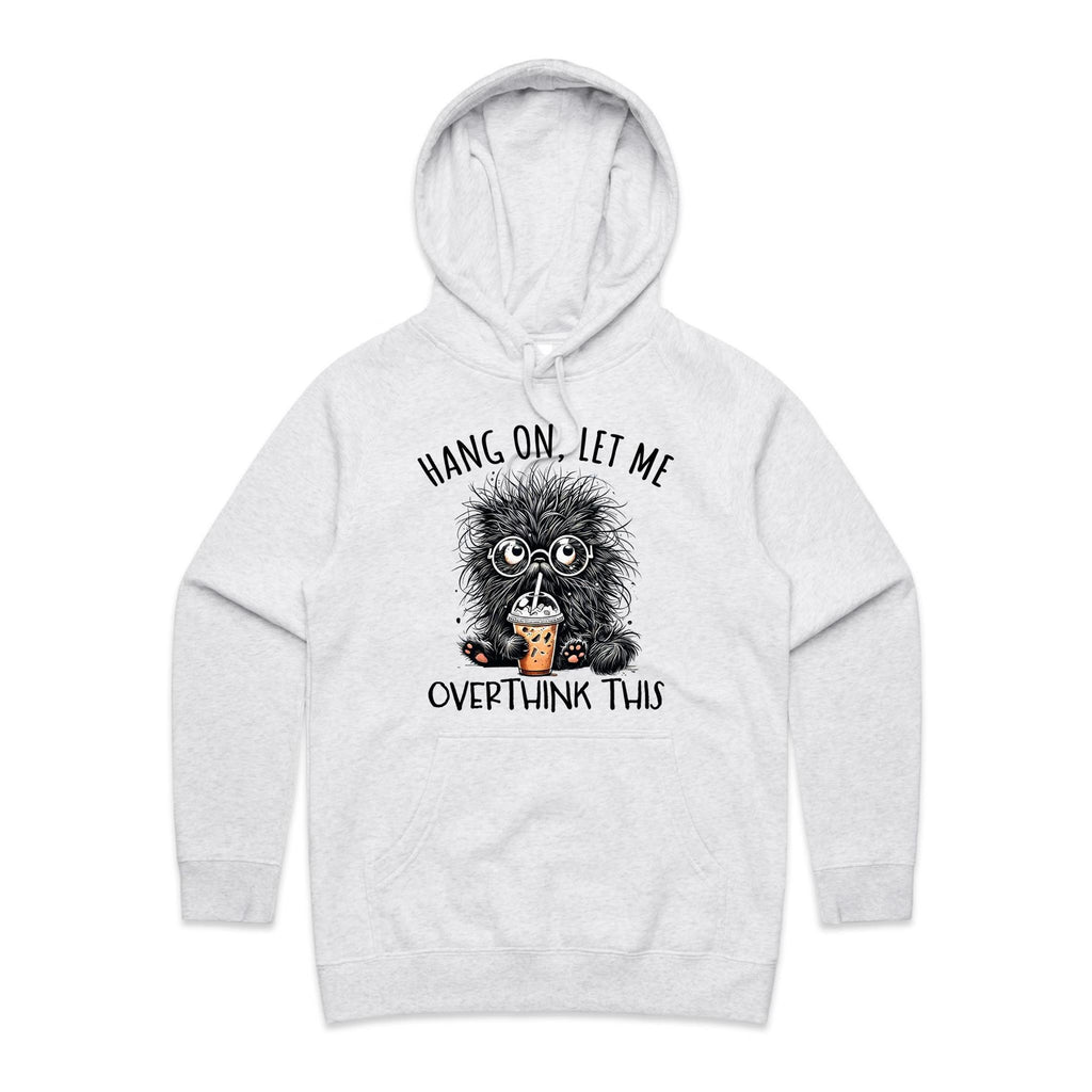 Frazzled Cat, Hang On Let Me Overthink This Women's AS Colour Hoodie White Marle Womens Hoodie animal Printed In Australia