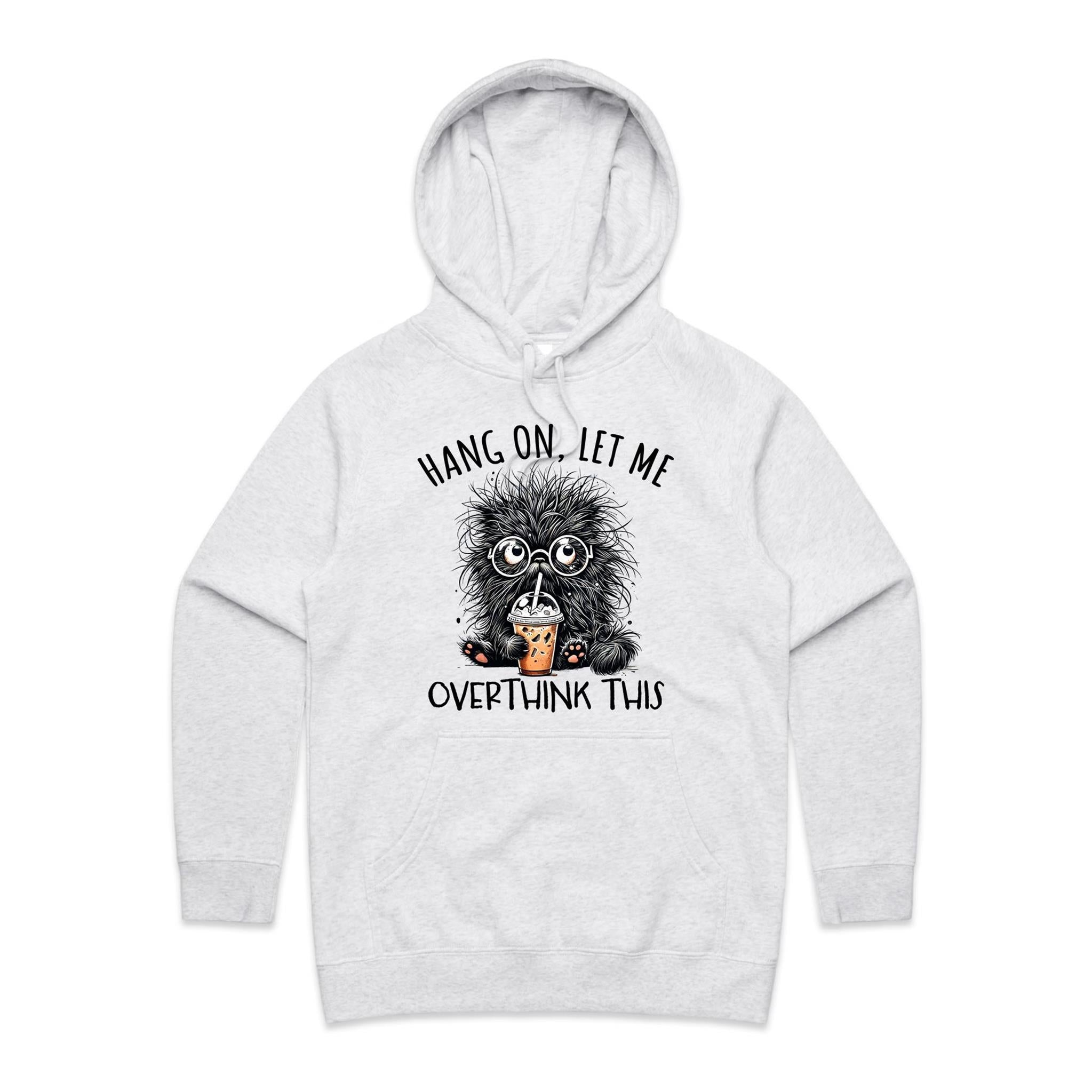 Frazzled Cat, Hang On Let Me Overthink This Women's AS Colour Hoodie White Marle Womens Hoodie animal Printed In Australia